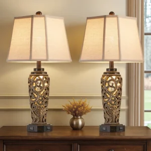 27" Vintage Carved Table Lamp Set With Usb-c/a Ports & Night Light – Set Of 2
